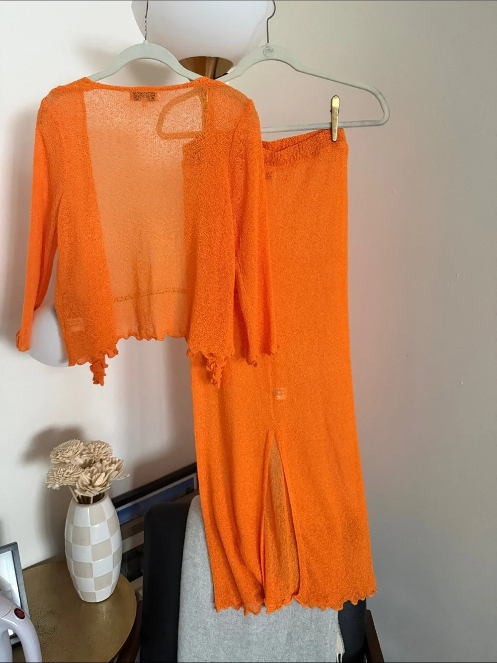 Frankie's Bikinis Bright Orange Sheer Knit Cardigan & Skirt Set